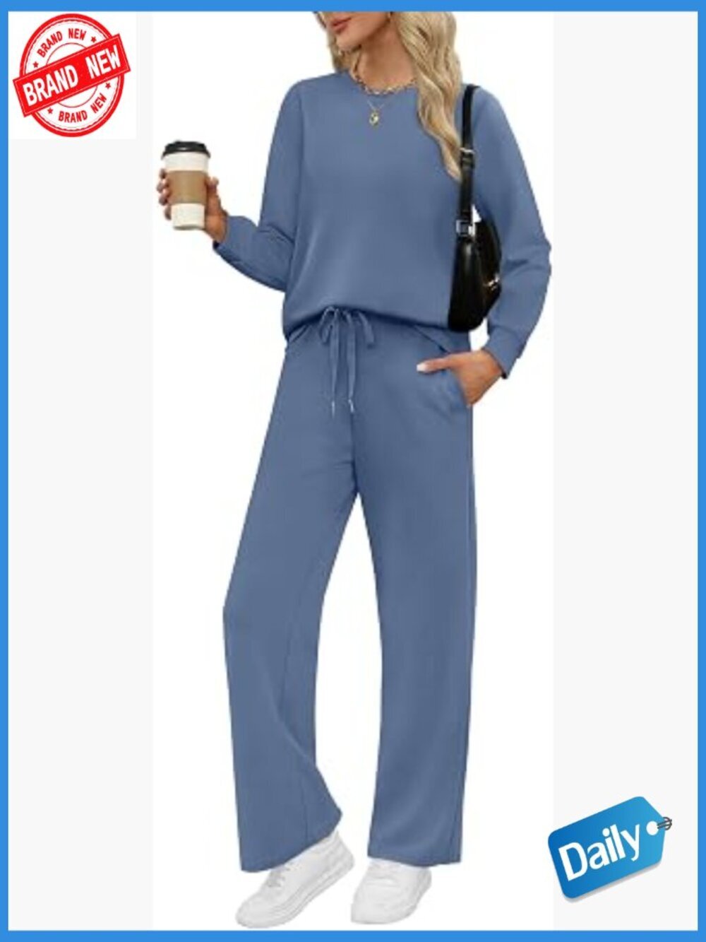 2 Piece Travel Outfit Set Crew Neck Long Sleeve Wide Leg Pants